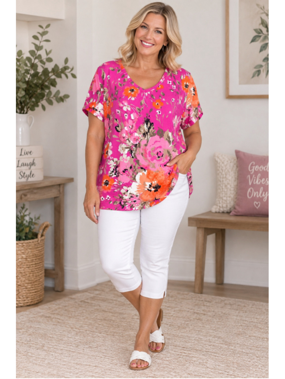 St. John's Bay Floral V-Neck Tee, Pink & Orange, Women's Size 2X